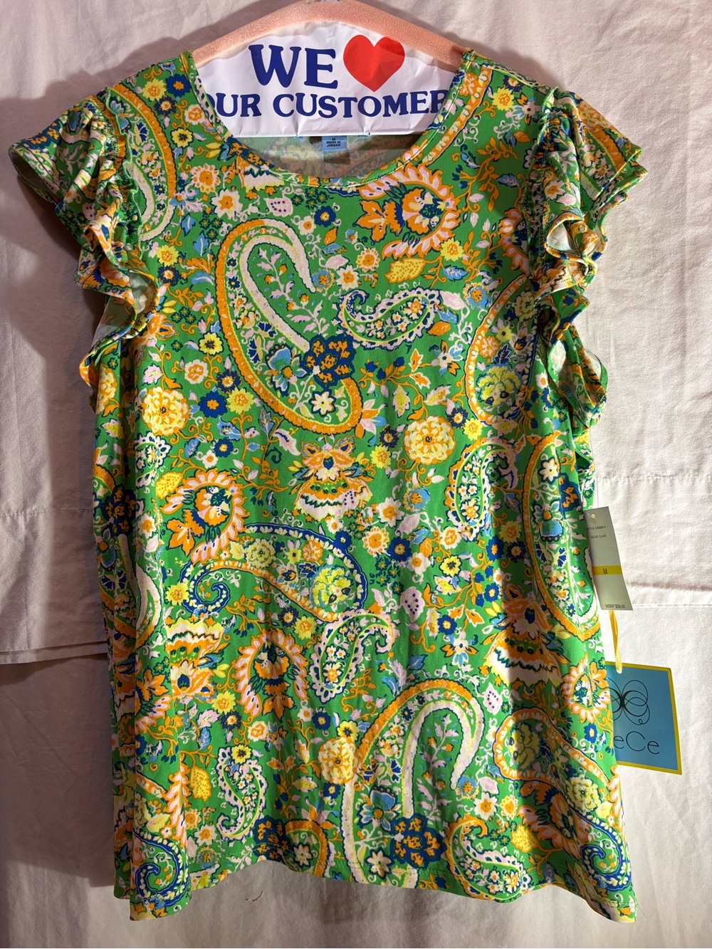 Cece Women’s Green Paisley Ruffle Sleeve Blouse